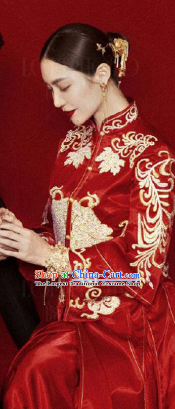 Chinese Traditional Wedding Apparels Embroidered Red Blouse and Dress Costumes Bride Xiuhe Suits for Women