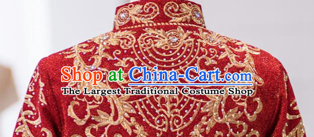 Chinese Traditional Wedding Apparels Embroidered Red Blouse and Dress Costumes Bride Drilling Xiuhe Suits for Women