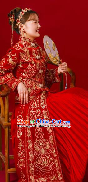 Chinese Traditional Bride Slim Apparels Embroidered Red Drilling Blouse and Dress Costumes Wedding Xiuhe Suits for Women