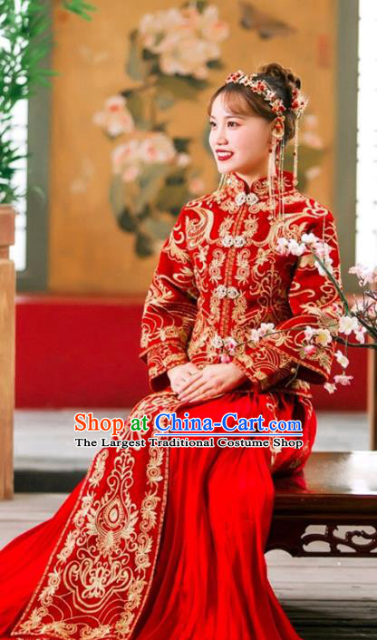 Chinese Traditional Bride Slim Apparels Embroidered Red Drilling Blouse and Dress Costumes Wedding Xiuhe Suits for Women