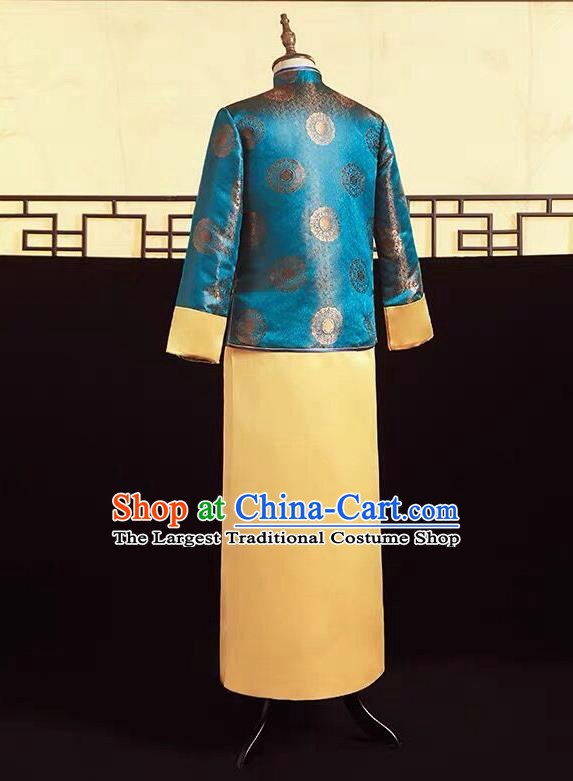 Top Chinese Traditional Wedding Costume Ancient Bridegroom Clothing Tang Suit Blue Mandarin Jacket and Golden Gown for Men