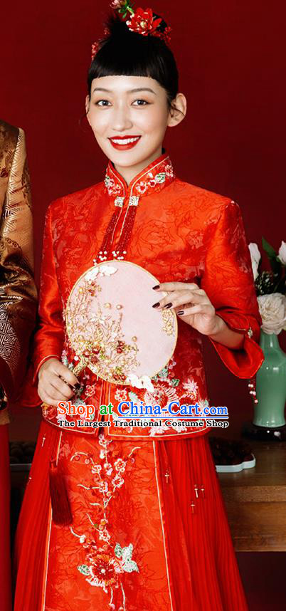 Chinese Traditional Wedding Costumes Bride Apparels Embroidered Red Blouse ans Skirt Xiuhe Suits for Women