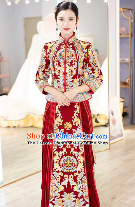 Chinese Traditional Bride Embroidered Red Apparels Blouse and Dress Costumes Wedding Xiuhe Suits for Women
