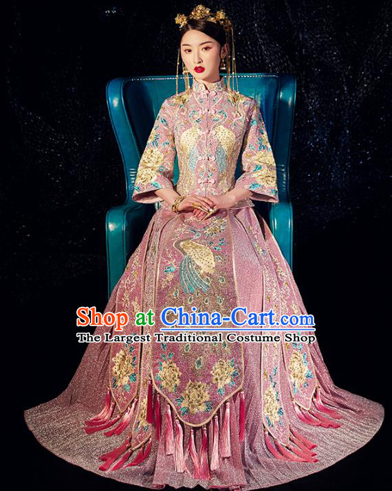 Chinese Traditional Bride Embroidered Drilling Apparels Pink Blouse and Dress Costumes Wedding Tassel Xiuhe Suits for Women