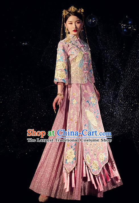 Chinese Traditional Bride Embroidered Drilling Apparels Pink Blouse and Dress Costumes Wedding Tassel Xiuhe Suits for Women