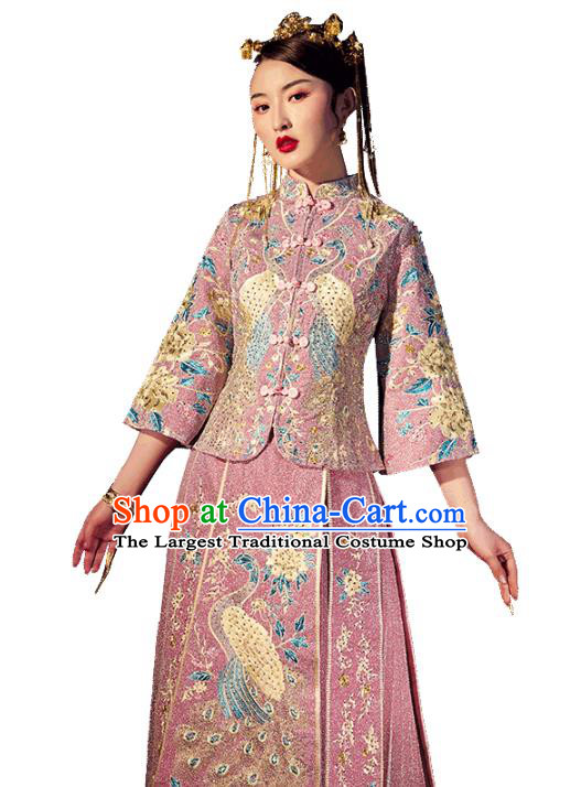 Chinese Traditional Bride Embroidered Drilling Apparels Pink Blouse and Dress Costumes Wedding Tassel Xiuhe Suits for Women