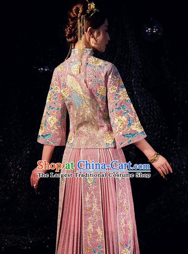 Chinese Traditional Bride Embroidered Drilling Apparels Pink Blouse and Dress Costumes Wedding Tassel Xiuhe Suits for Women