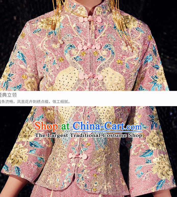 Chinese Traditional Bride Embroidered Drilling Apparels Pink Blouse and Dress Costumes Wedding Tassel Xiuhe Suits for Women