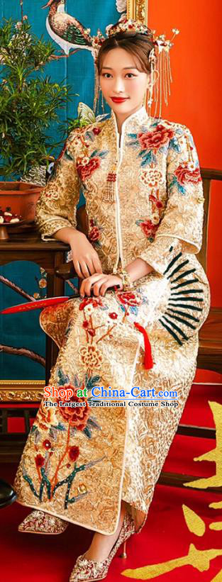 Chinese Traditional Bride Embroidered Peony Apparels Golden Blouse and Dress Costumes Wedding Xiuhe Suits for Women