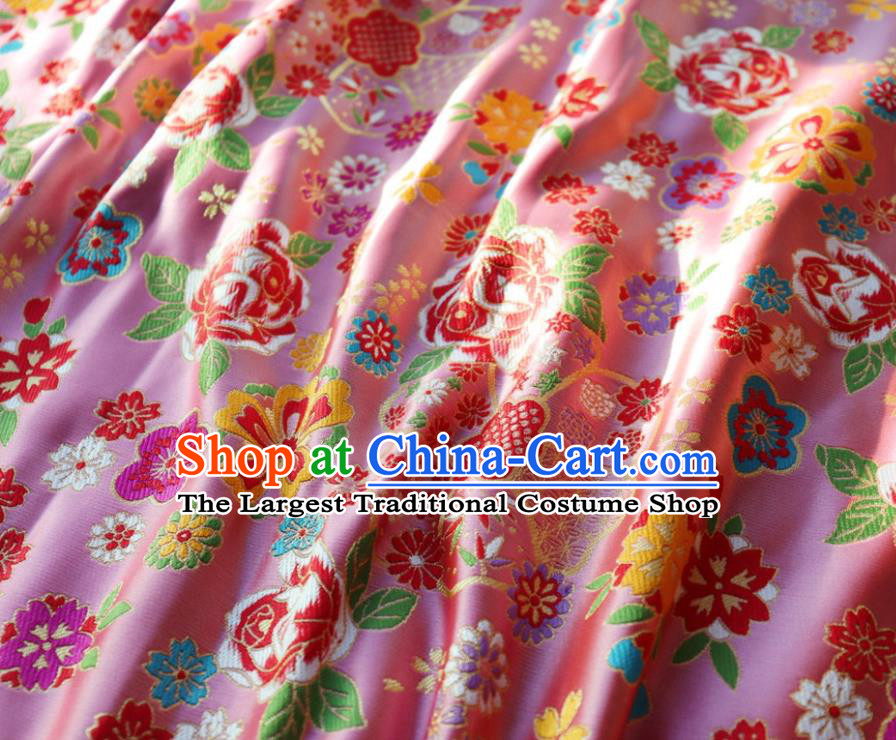 Japanese Traditional Rose Flowers Pattern Design Pink Brocade Fabric Nishijin Silk Traditional Asian Yamato Kimono Tapestry Satin Material