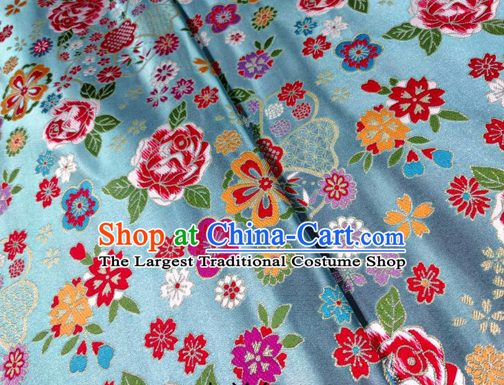 Japanese Traditional Rose Flowers Pattern Design Blue Brocade Fabric Nishijin Silk Traditional Asian Yamato Kimono Tapestry Satin Material