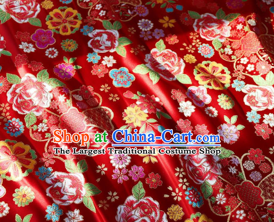 Japanese Traditional Rose Flowers Pattern Design Red Brocade Fabric Nishijin Silk Traditional Asian Yamato Kimono Tapestry Satin Material