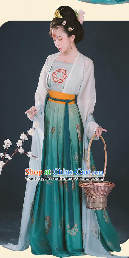 Chinese Ancient Tang Dynasty Hanfu Garment Imperial Concubine Embroidered Cloak Blouse Camisole and Green Skirt Costumes for Women