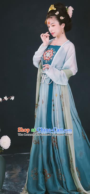 Chinese Ancient Tang Dynasty Hanfu Garment Imperial Concubine Embroidered Cloak Blouse Camisole and Green Skirt Costumes for Women