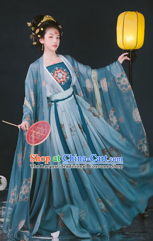 Chinese Ancient Tang Dynasty Hanfu Garment Imperial Concubine Embroidered Cloak Blouse Camisole and Green Skirt Costumes for Women