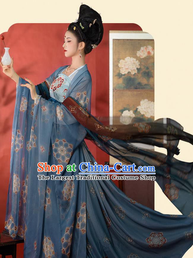 Chinese Ancient Imperial Concubine Costumes Tang Dynasty Hanfu Garment Blue Cloak Blouse and Strapless Dress Complete Set