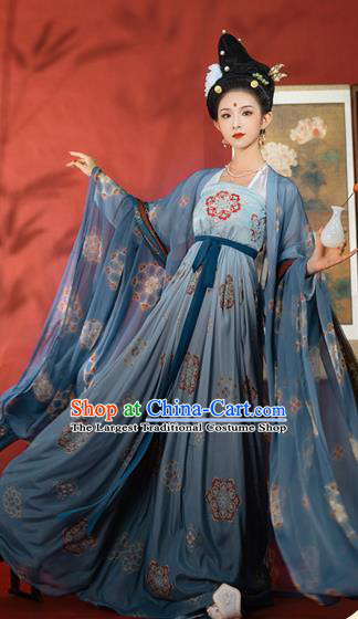 Chinese Ancient Imperial Concubine Costumes Tang Dynasty Hanfu Garment Blue Cloak Blouse and Strapless Dress Complete Set