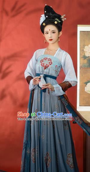 Chinese Ancient Imperial Concubine Costumes Tang Dynasty Hanfu Garment Blue Cloak Blouse and Strapless Dress Complete Set