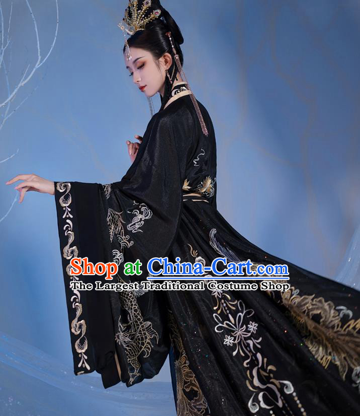 Chinese Ancient Goddess Black Costumes Jin Dynasty Palace Princess Hanfu Garment Embroidered Cape Blouse and Skirt Complete Set
