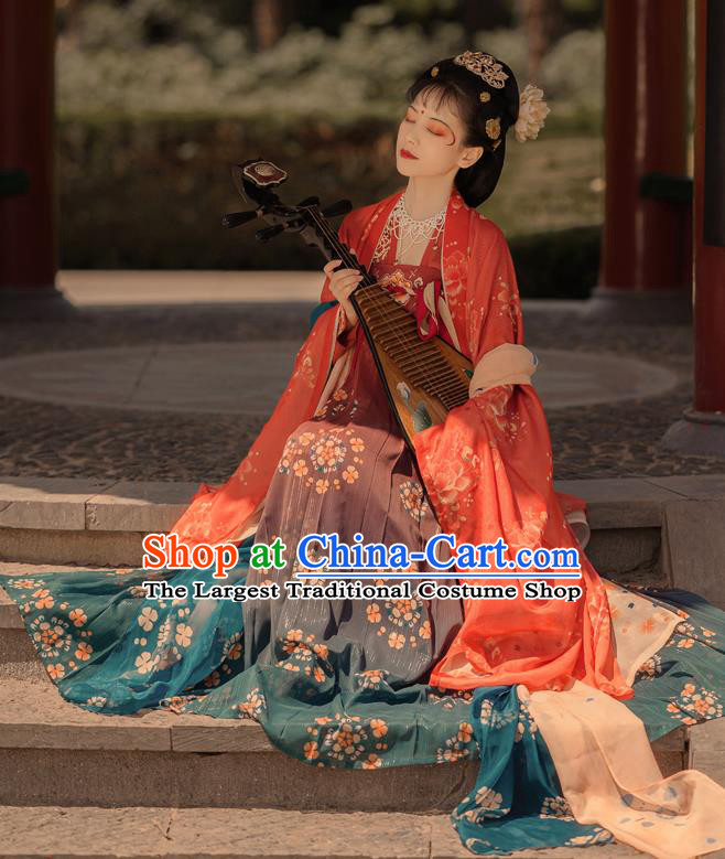 Chinese Ancient Princess Consort Costumes Tang Dynasty Noble Rani Hanfu Cape Blouse and Dress Garment Complete Set