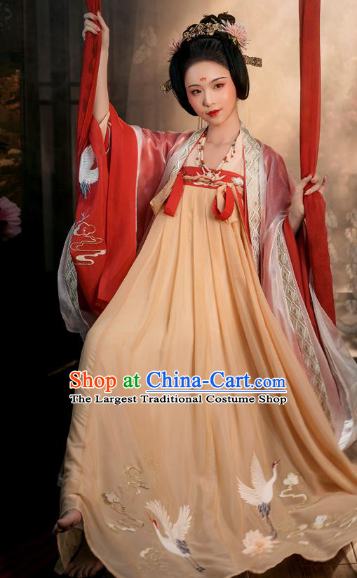 Chinese Ancient Tang Dynasty Noble Concubine Hanfu Garment Embroidered Cloak Blouse and Dress Historical Costumes Full Set