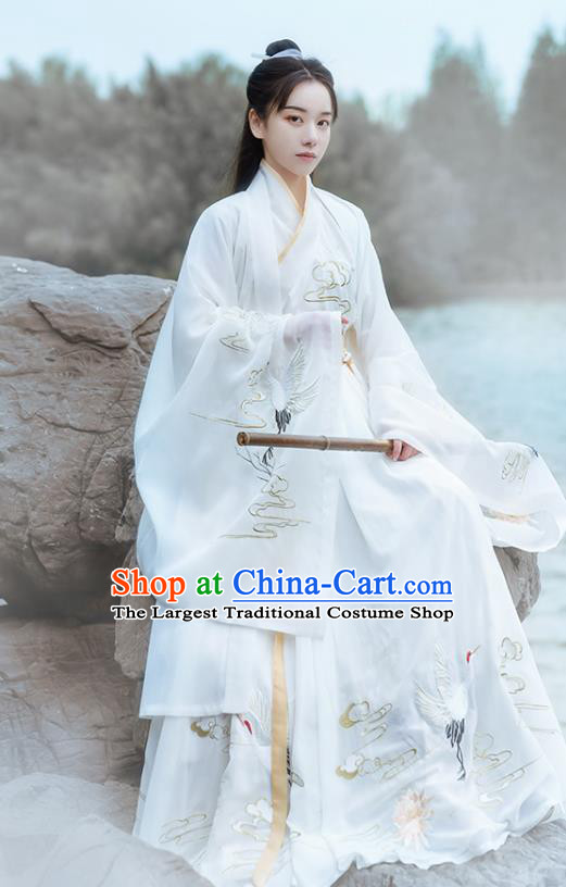 Chinese Ancient Jin Dynasty Noble Childe Hanfu Garment Swordsman Embroidered White Cloak Blouse and Skirt Historical Costumes for Men