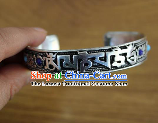 Chinese Traditional Tibetan Nationality Colorful Gems Bracelet Jewelry Accessories Decoration Zang Ethnic Handmade Silver Carving Bangle for Women
