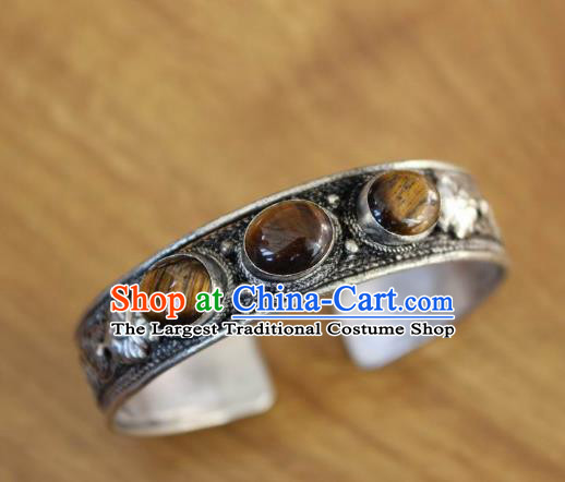 Chinese Traditional Tibetan Nationality Brown Stone Bracelet Jewelry Accessories Decoration Zang Ethnic Handmade Silver Carving Bangle for Women
