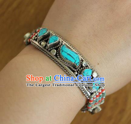 Chinese Traditional Tibetan Nationality Calaite Bracelet Jewelry Accessories Decoration Handmade Zang Ethnic Turquoise Bangle for Women