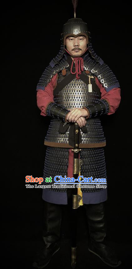 Traditional Chinese Tang Dynasty General Iron Body Armor and Helmet Ancient Warrior Costumes for Men