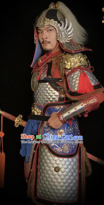 Traditional Chinese Han Dynasty General Argent Body Armor Ancient Warrior Military Officer Costumes and Helmet for Men