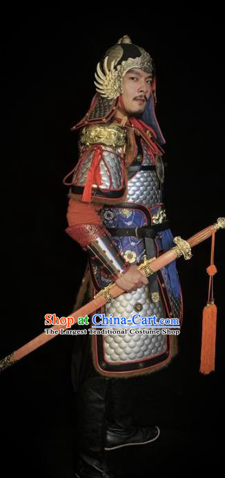 Traditional Chinese Han Dynasty General Argent Body Armor Ancient Warrior Military Officer Costumes and Helmet for Men