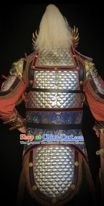 Traditional Chinese Han Dynasty General Argent Body Armor Ancient Warrior Military Officer Costumes and Helmet for Men