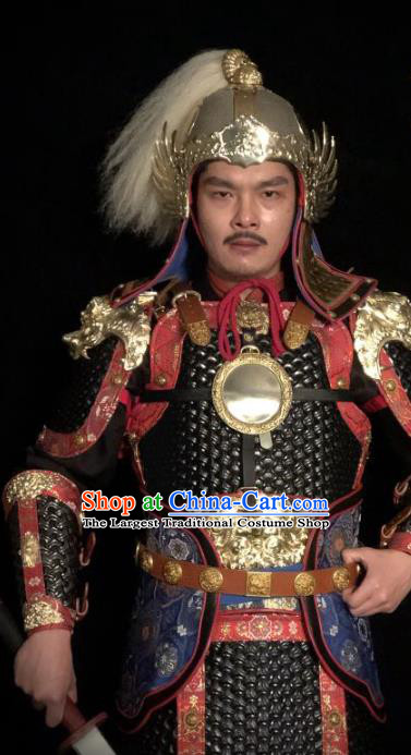 Traditional Chinese Han Dynasty General Black Leather Body Armor Ancient Warrior Military Officer Costumes and Helmet for Men