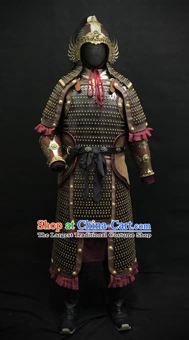 Traditional Chinese Song Dynasty General Iron Leather Body Armor Ancient Warrior Military Officer Costumes and Helmet for Men