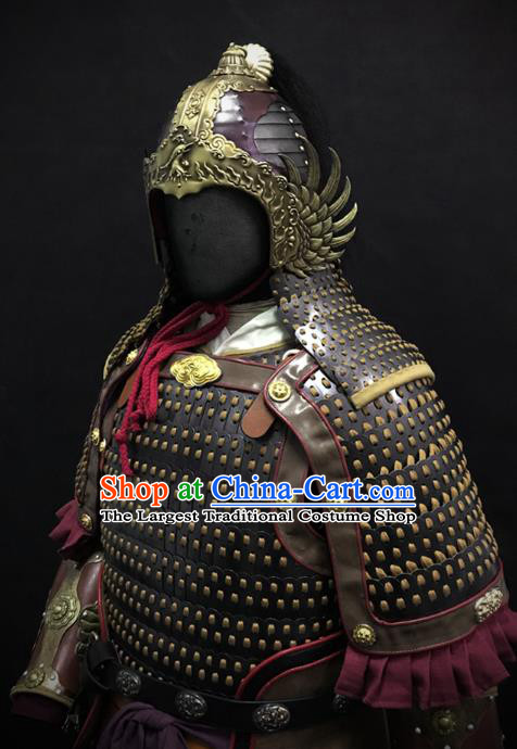 Traditional Chinese Song Dynasty General Iron Leather Body Armor Ancient Warrior Military Officer Costumes and Helmet for Men