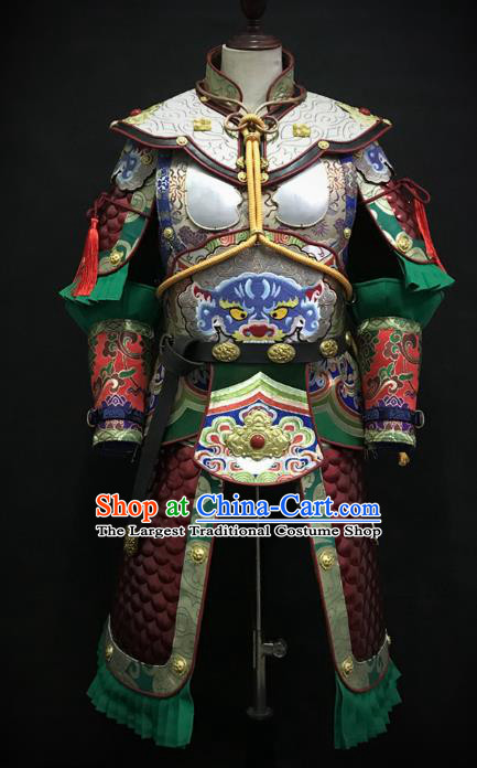 Traditional Chinese Tang Dynasty General Iron Leather Body Armor Ancient Warrior Military Officer Costumes and Helmet Full Set