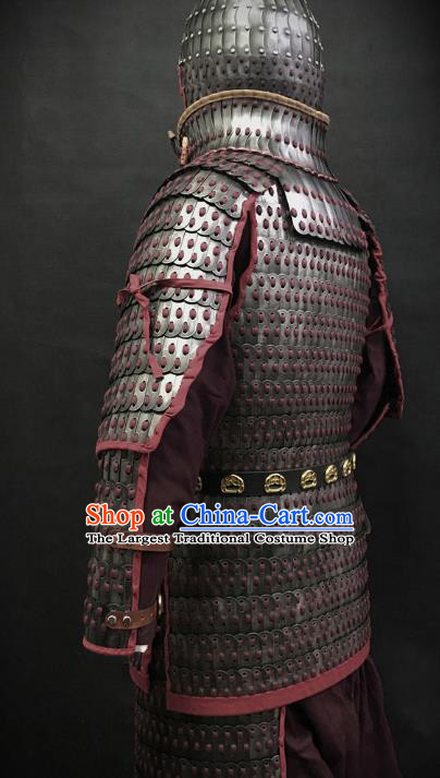Traditional Chinese Eastern Jin Dynasty General Body Armor Ancient Military Officer Cavalry Costumes and Helmet Full Set