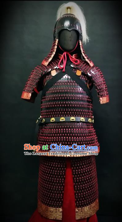 Traditional Chinese Tang Dynasty General Body Armor Ancient Cavalry Warrior Costumes and Helmet Full Set