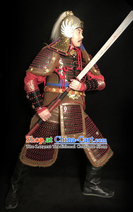 Traditional Chinese Song Dynasty General Body Armor Ancient Cavalry Warrior Costumes and Helmet Full Set