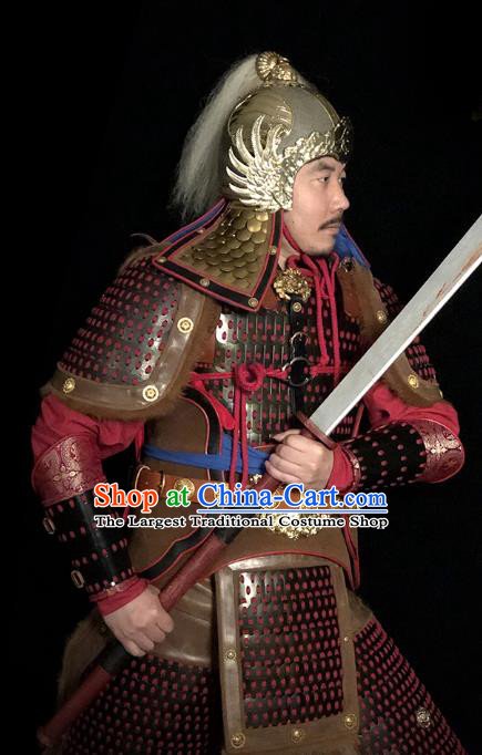 Traditional Chinese Song Dynasty General Body Armor Ancient Cavalry Warrior Costumes and Helmet Full Set