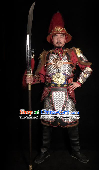 Traditional Chinese Song Dynasty General Argent Body Armor Ancient Cavalry Warrior Costumes and Helmet Full Set