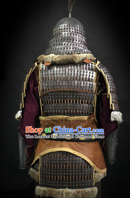 Traditional Chinese Song Dynasty Liao State Military Officer Golden Body Armor Ancient Cavalry Warrior General Iron Costumes and Helmet Full Set