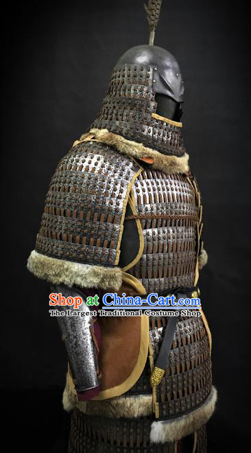 Traditional Chinese Song Dynasty Liao State Military Officer Golden Body Armor Ancient Cavalry Warrior General Iron Costumes and Helmet Full Set