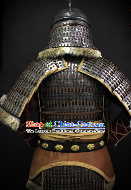 Traditional Chinese Song Dynasty Jin State Military Officer Body Armor Ancient Cavalry Warrior General Iron Costumes and Helmet Full Set