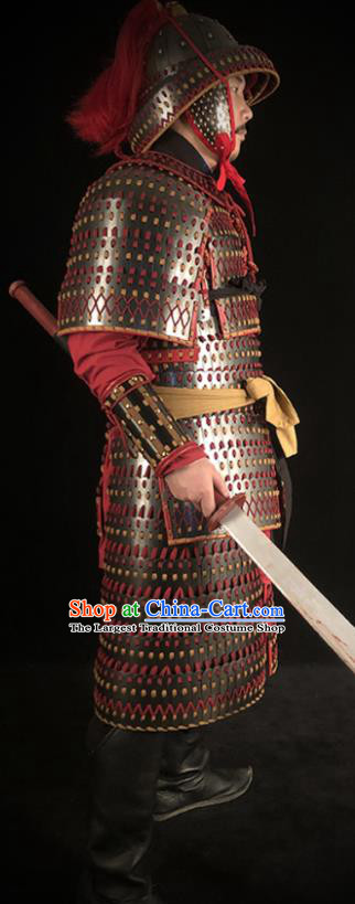 Traditional Chinese Song Dynasty Warrior Body Armor Ancient Infantry General Iron Costumes and Helmet Full Set