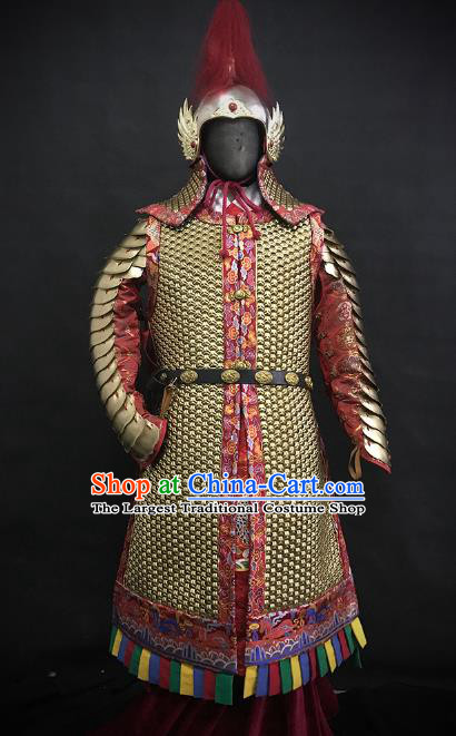 Traditional Chinese Ming Dynasty Imperial Guard Body Armor Outfits Ancient Infantry General Iron Costumes and Helmet Full Set