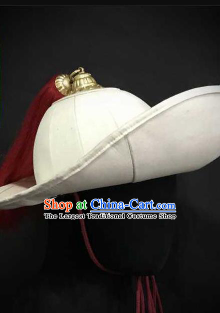 Traditional Chinese Song Dynasty Swordsman White Flax Hat Headpiece Ancient General Helmet for Men