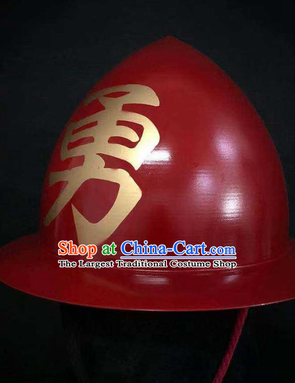 Traditional Chinese Ming Dynasty General Red Armor Hat Headpiece Ancient Warrior Iron Helmet for Men