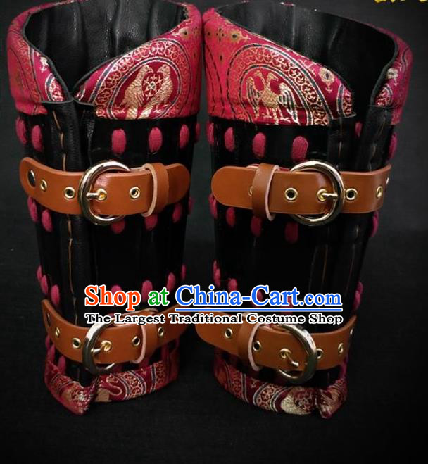 Traditional Chinese Ming Dynasty Infantry Warrior Red Brocade Wrist Guard Wristband Armor Ancient Soldier Leather Wristlets for Men